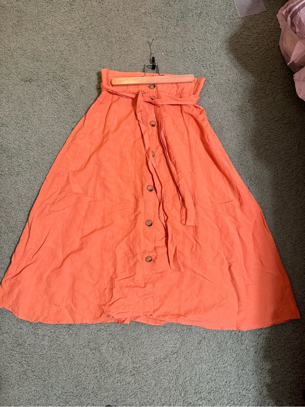 High-Waist Button-Front Orange Midi Skirt with Tie Belt